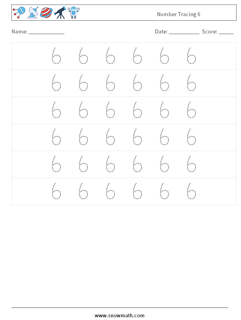 Number Tracing 6 Maths Worksheets 6