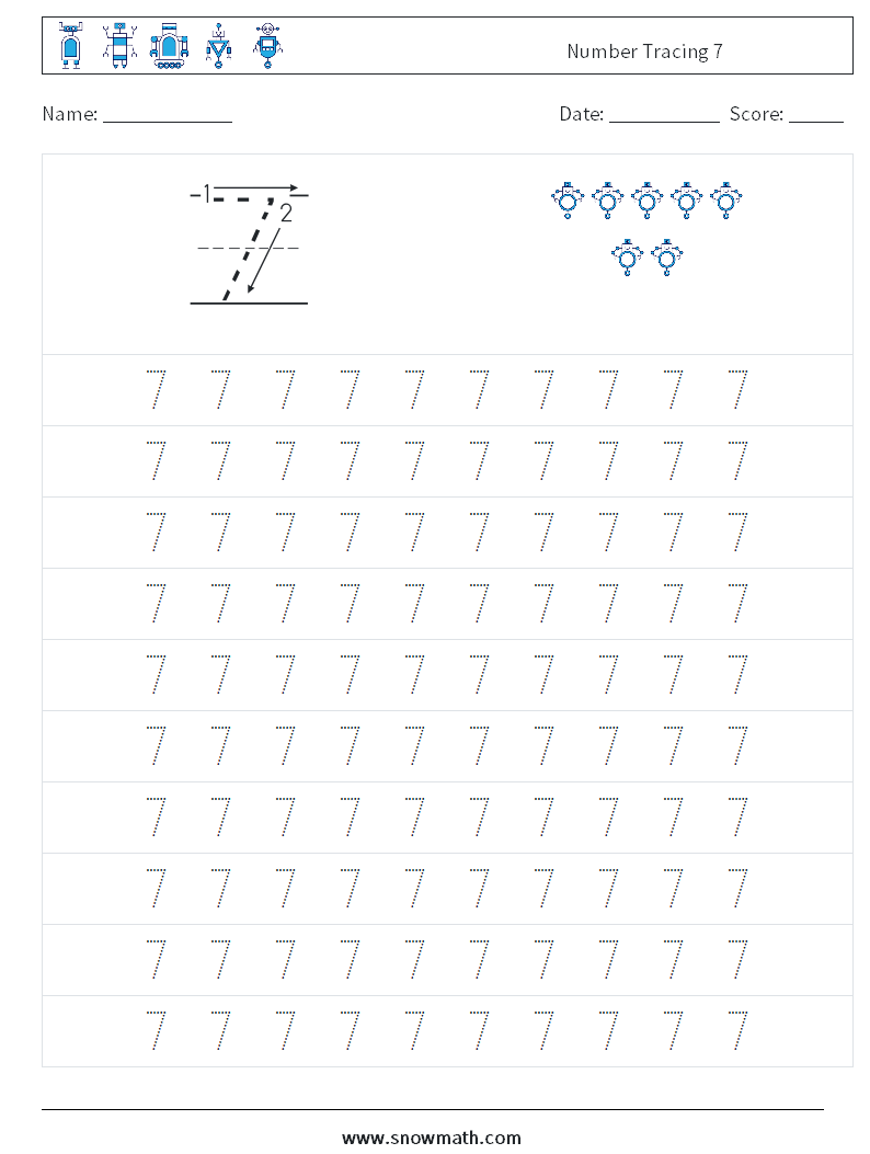 Number Tracing 7 Maths Worksheets 1