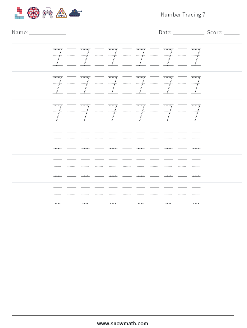 Number Tracing 7 Maths Worksheets 20