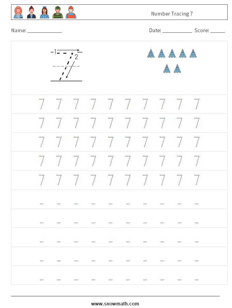 Number Tracing 7 Maths Worksheets 3