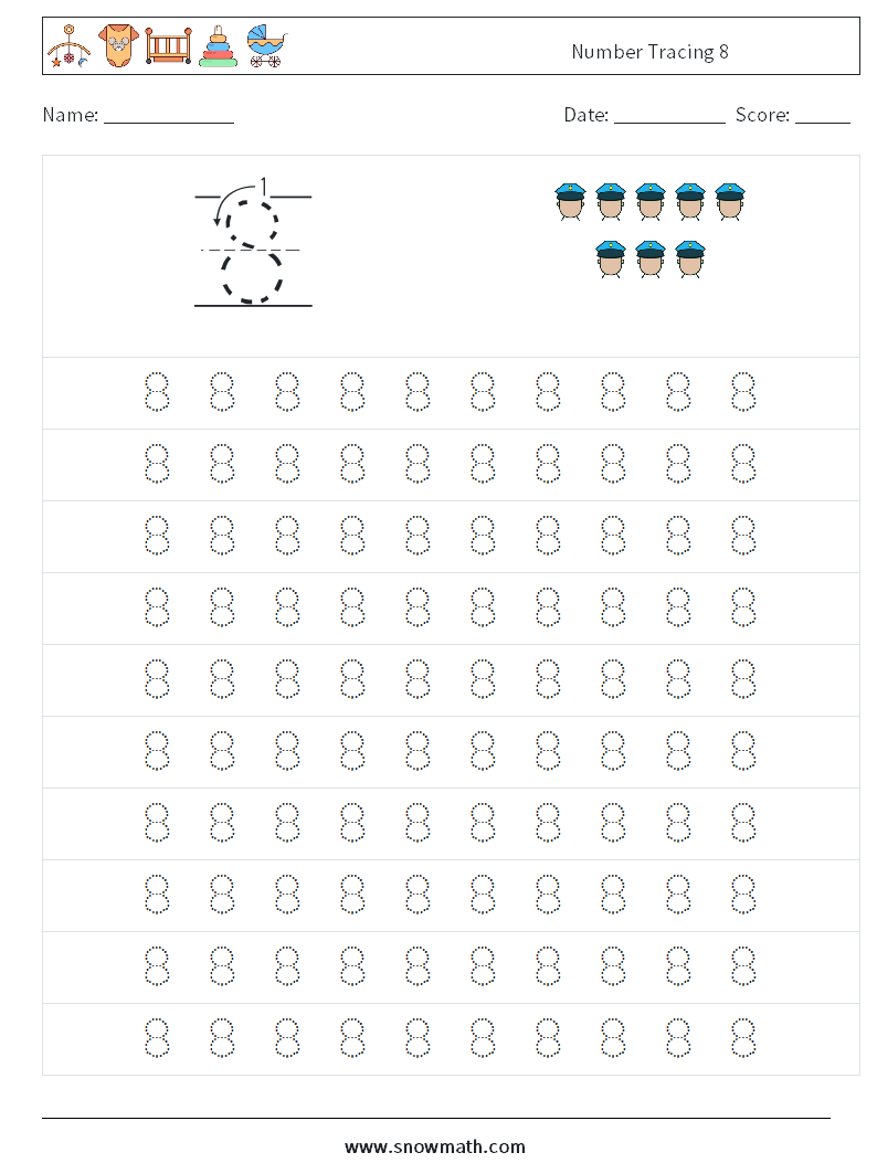 Number Tracing 8 Maths Worksheets 1