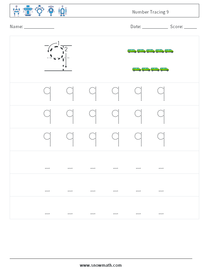 Number Tracing 9 Maths Worksheets 7