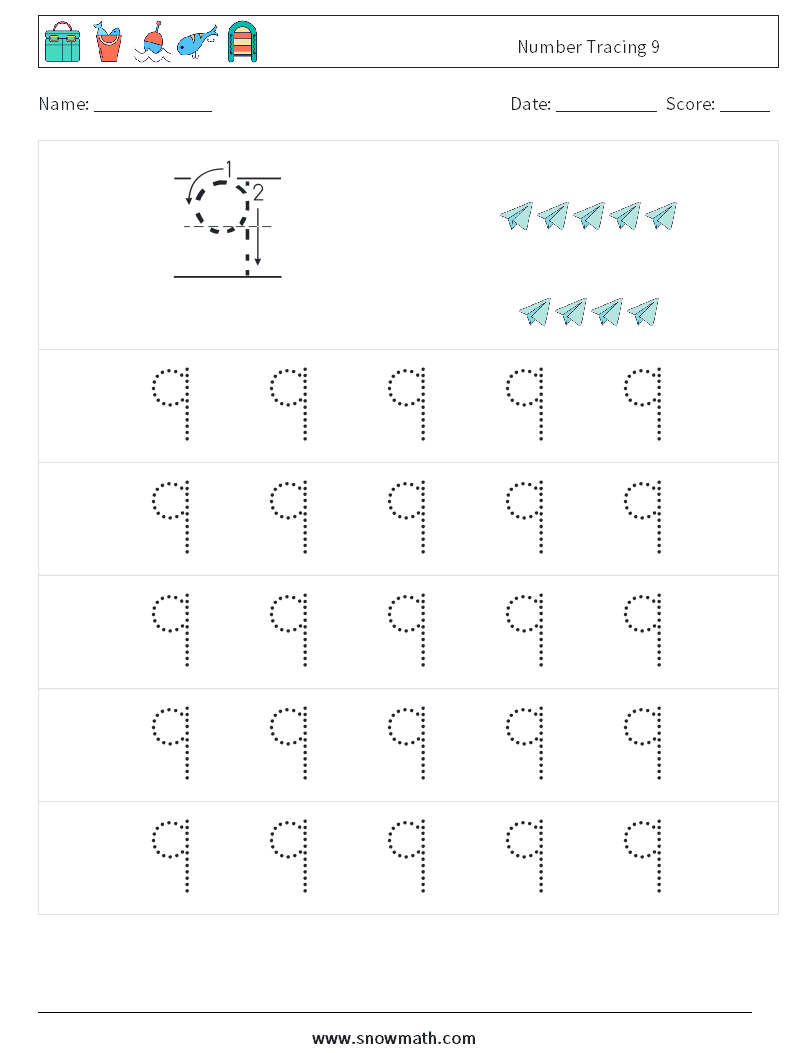 Number Tracing 9 Maths Worksheets 9