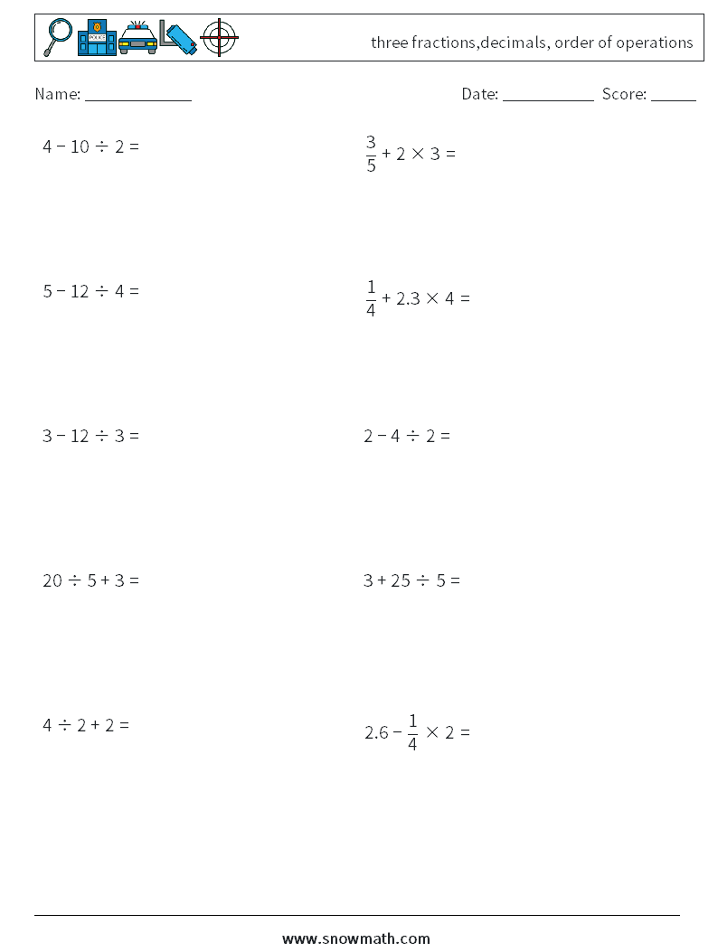 three fractions,decimals, order of operations Maths Worksheets 1