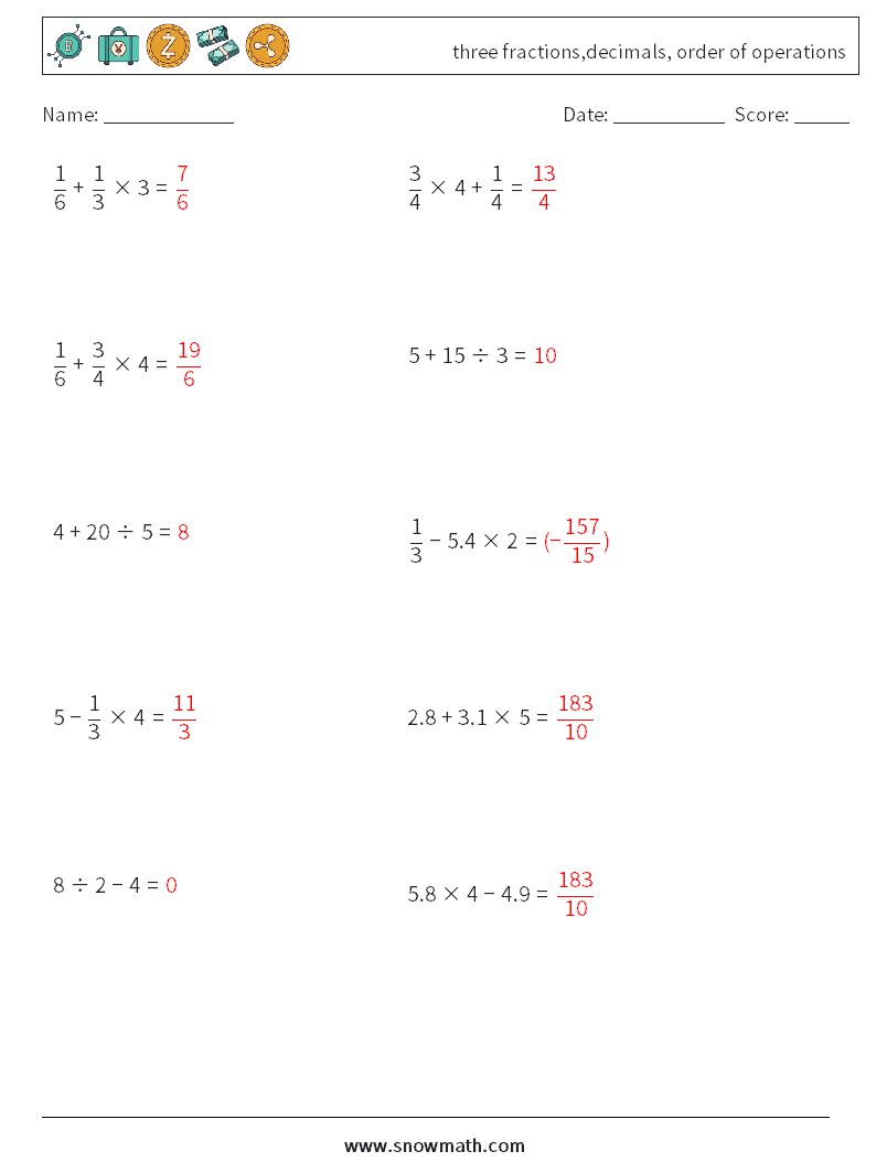 three fractions,decimals, order of operations Maths Worksheets 10 Question, Answer