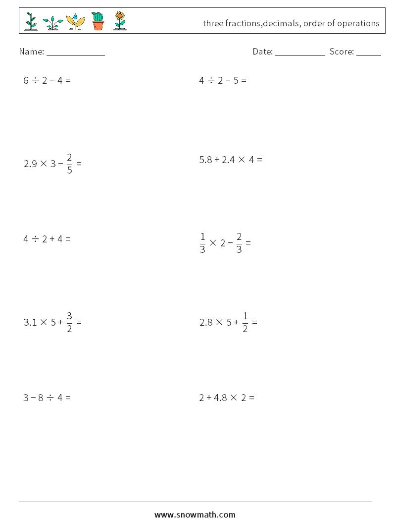 three fractions,decimals, order of operations Maths Worksheets 12