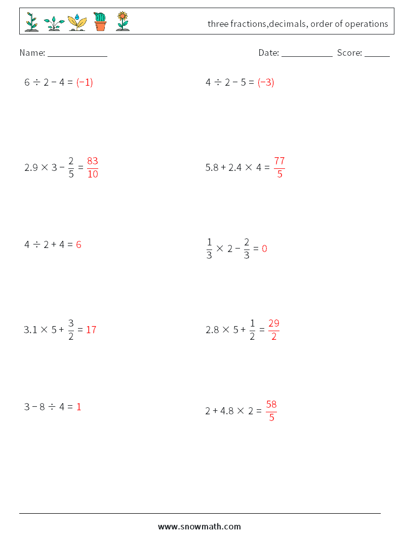 three fractions,decimals, order of operations Maths Worksheets 12 Question, Answer