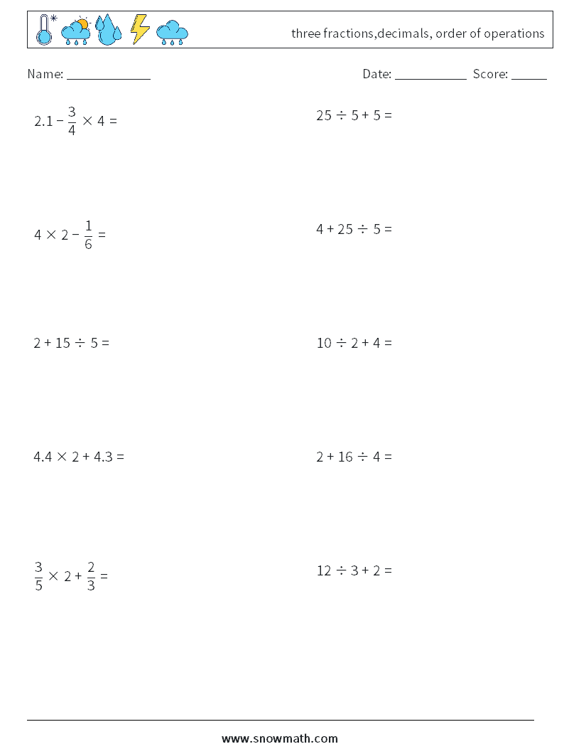 three fractions,decimals, order of operations Maths Worksheets 13