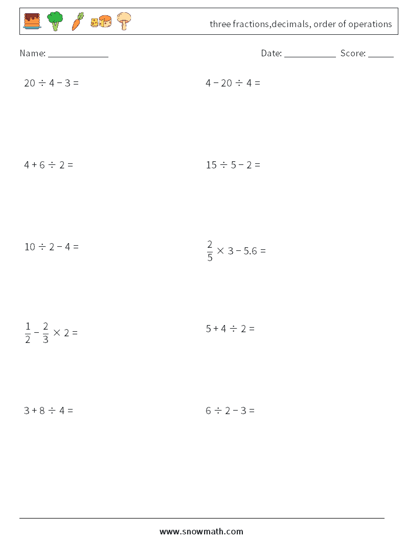 three fractions,decimals, order of operations Maths Worksheets 14