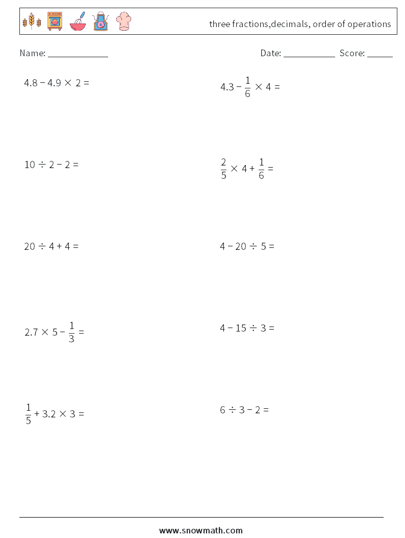 three fractions,decimals, order of operations Maths Worksheets 15