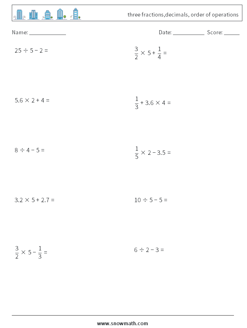 three fractions,decimals, order of operations Maths Worksheets 16