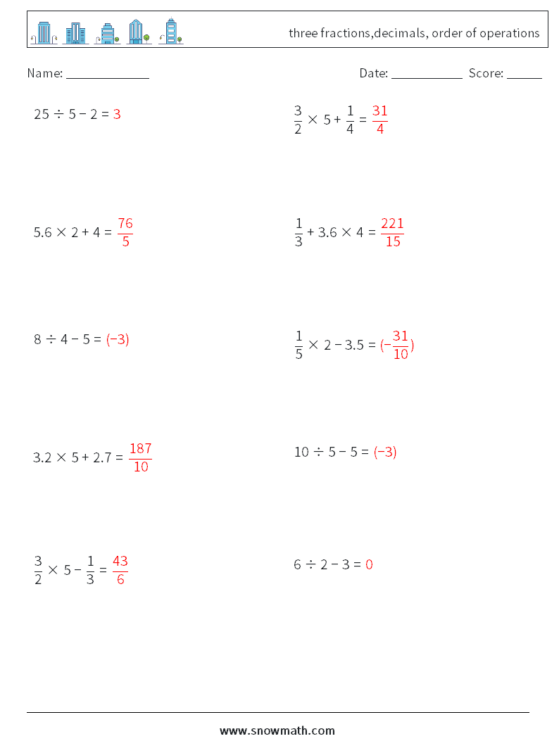 three fractions,decimals, order of operations Maths Worksheets 16 Question, Answer