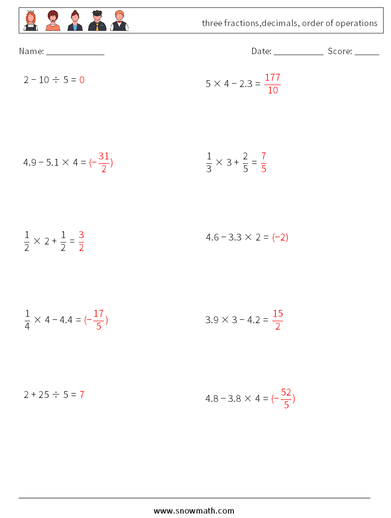 three fractions,decimals, order of operations Maths Worksheets 17 Question, Answer