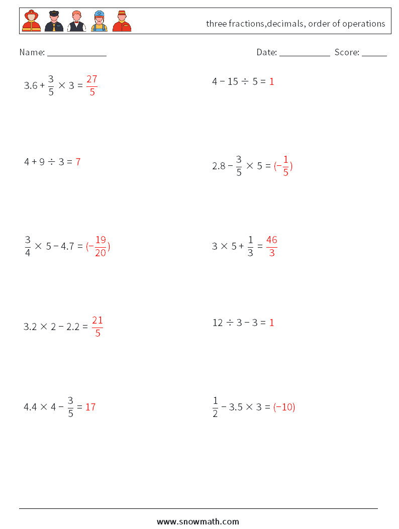 three fractions,decimals, order of operations Maths Worksheets 18 Question, Answer