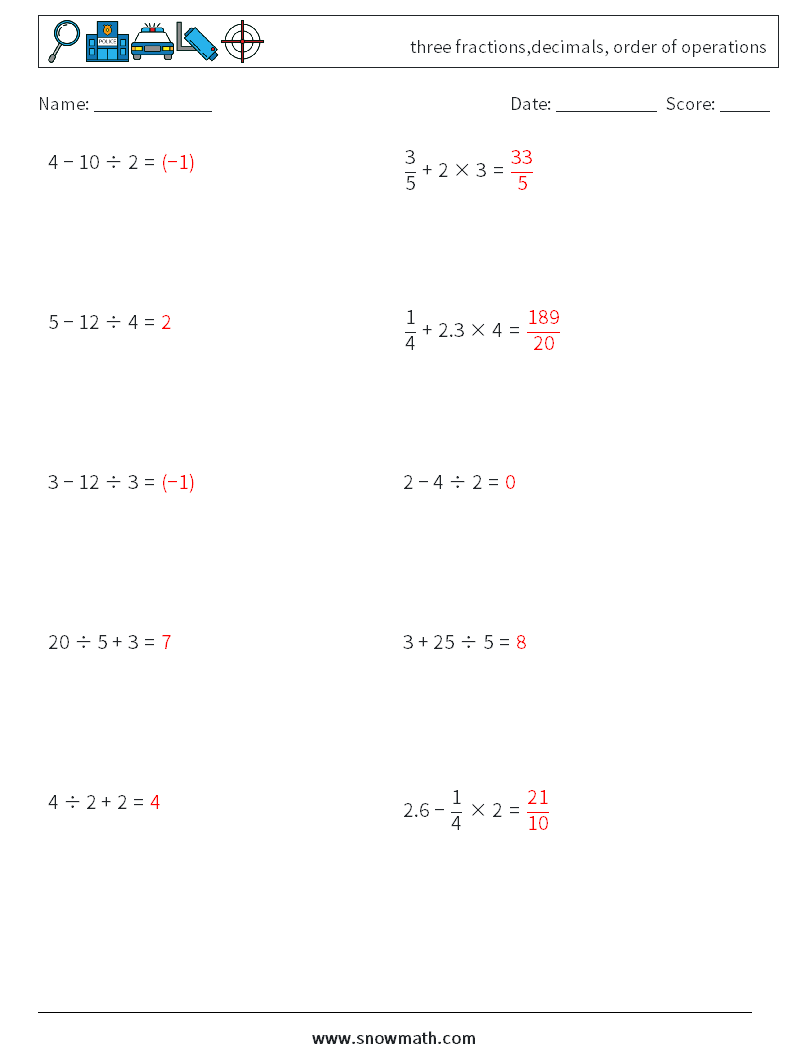 three fractions,decimals, order of operations Maths Worksheets 1 Question, Answer
