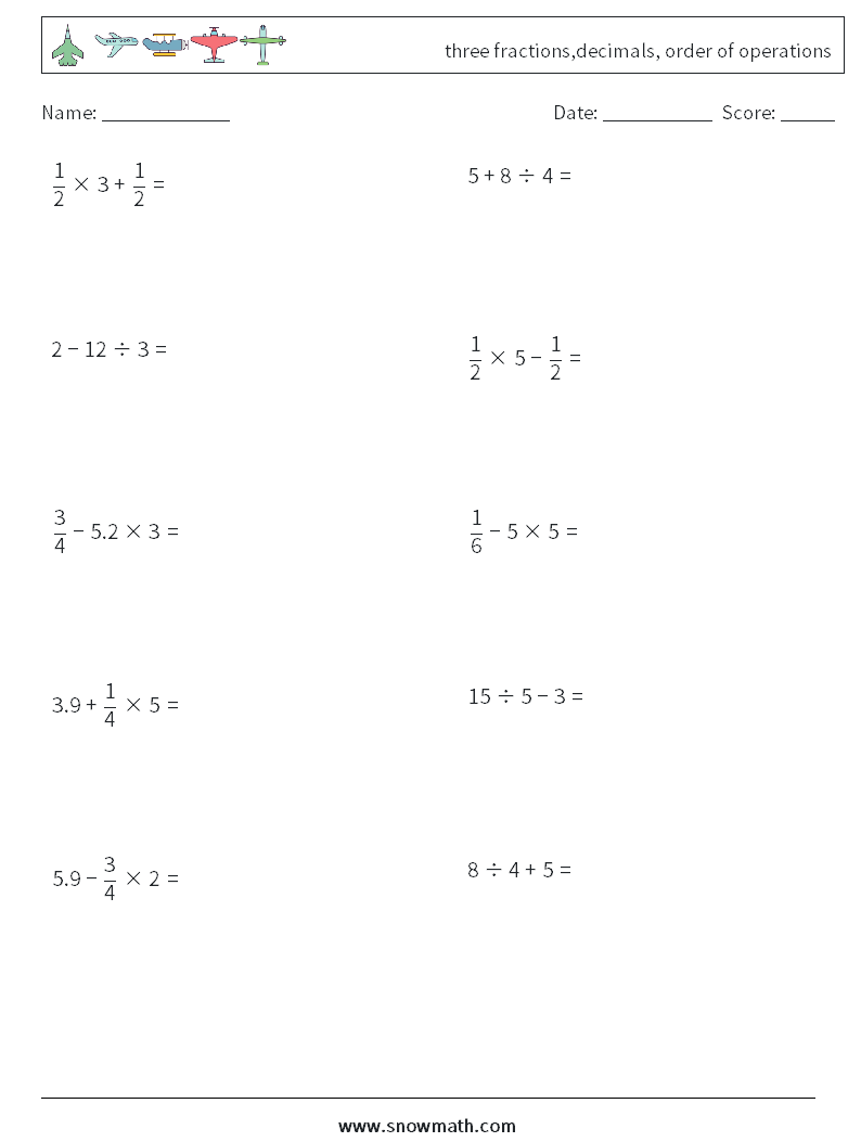 three fractions,decimals, order of operations Maths Worksheets 2