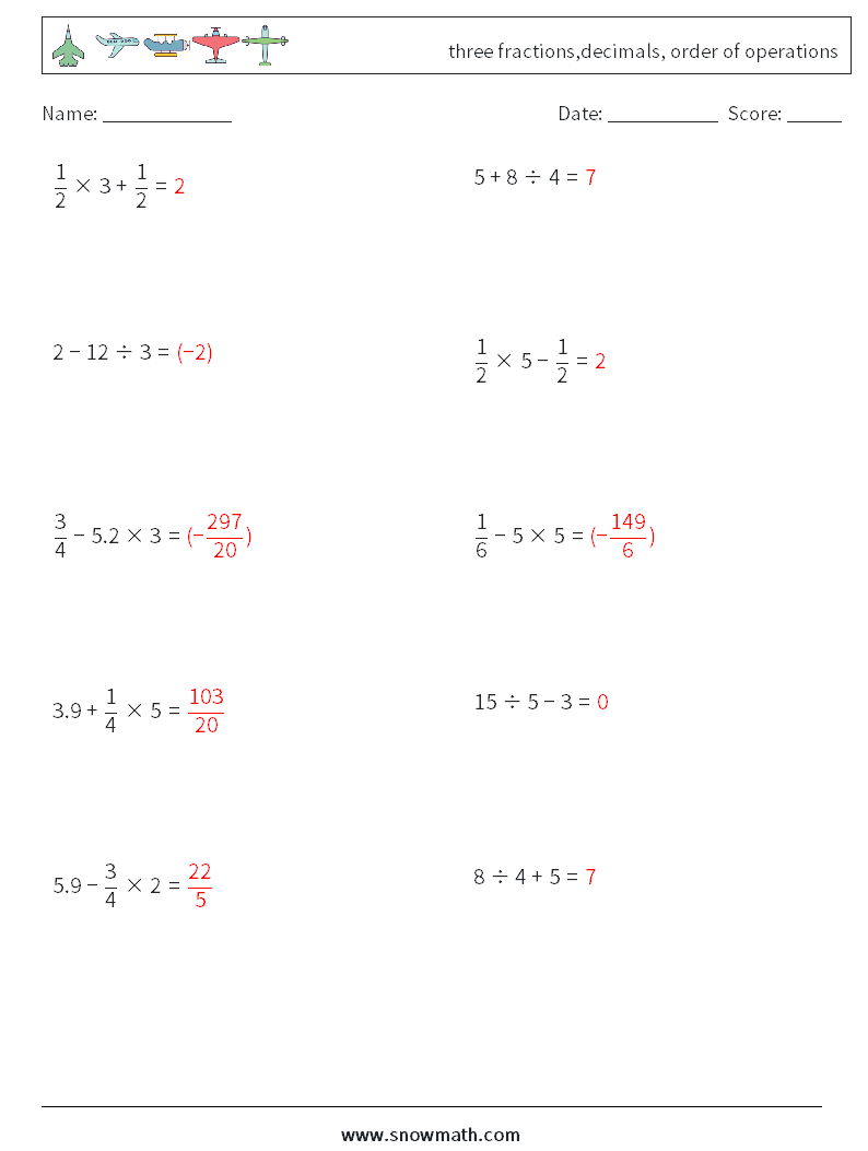 three fractions,decimals, order of operations Maths Worksheets 2 Question, Answer