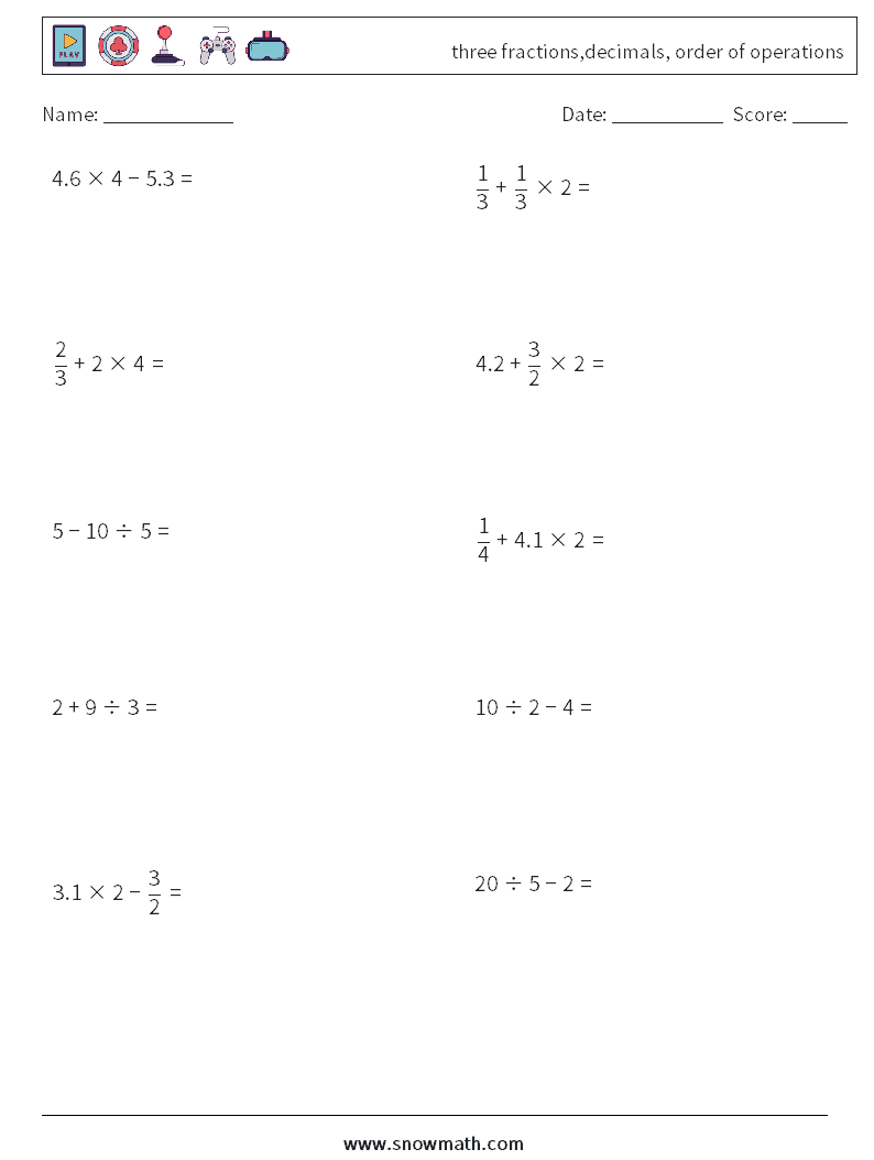 three fractions,decimals, order of operations Maths Worksheets 4