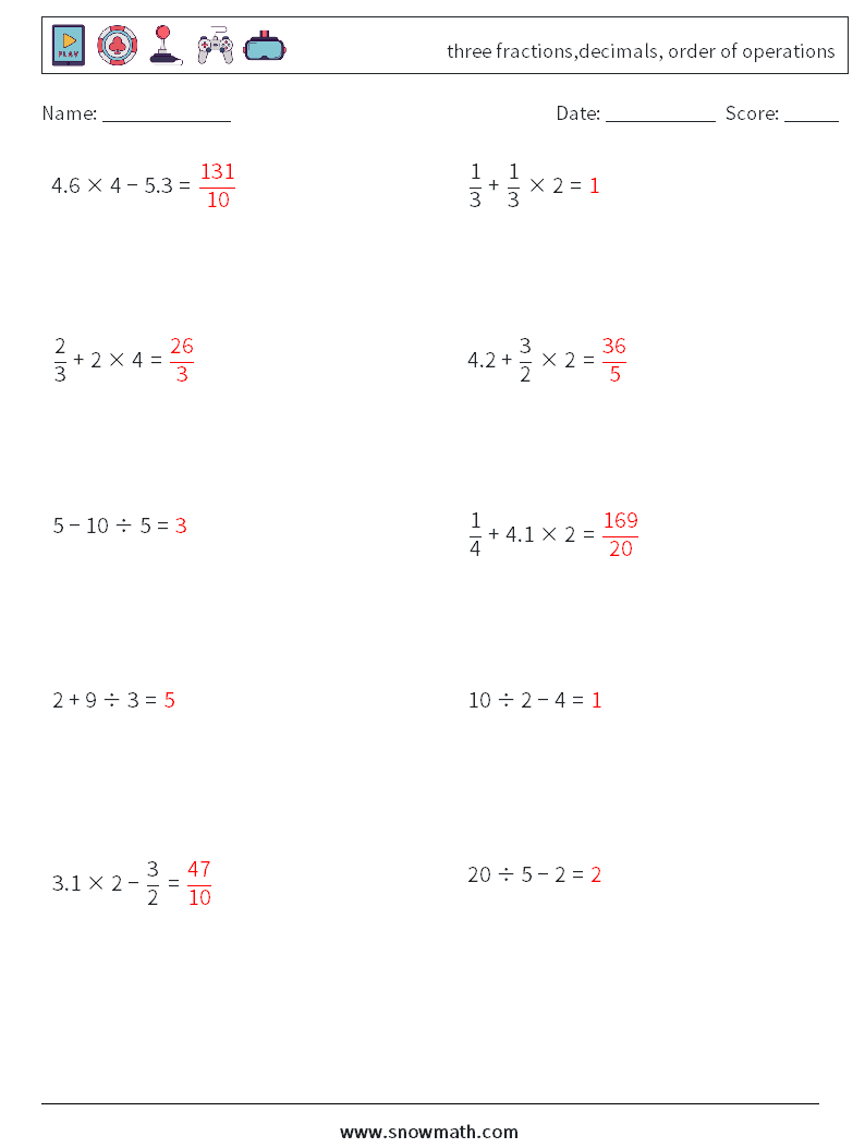 three fractions,decimals, order of operations Maths Worksheets 4 Question, Answer