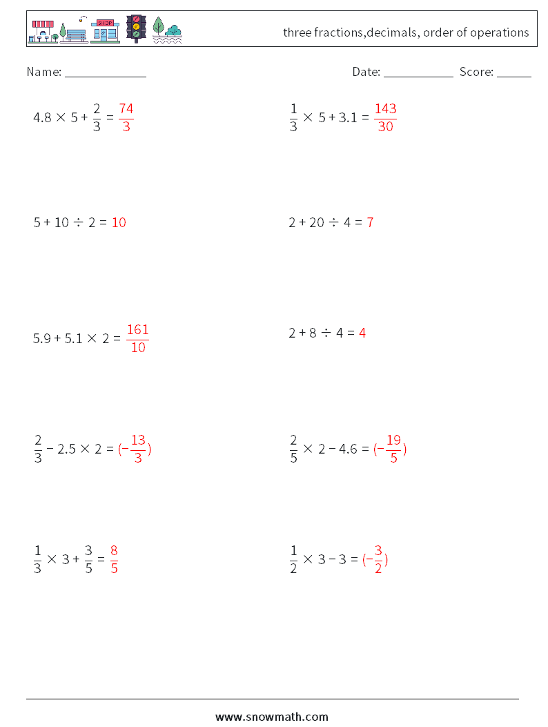 three fractions,decimals, order of operations Maths Worksheets 6 Question, Answer