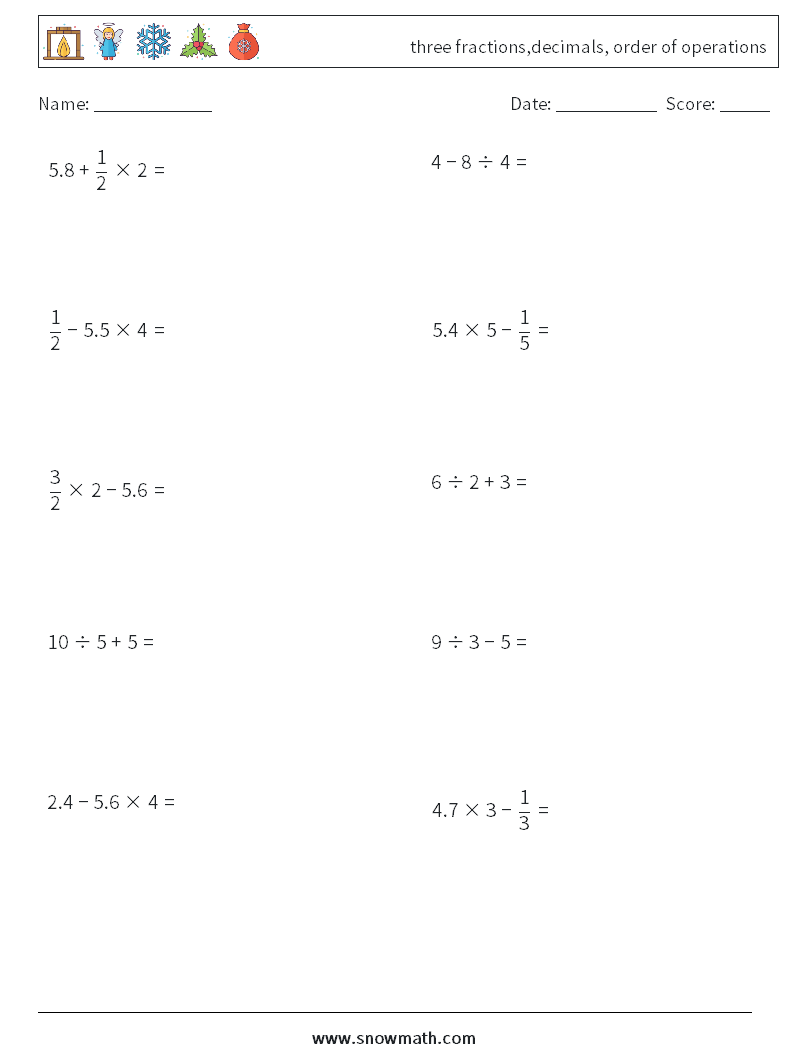 three fractions,decimals, order of operations Maths Worksheets 7