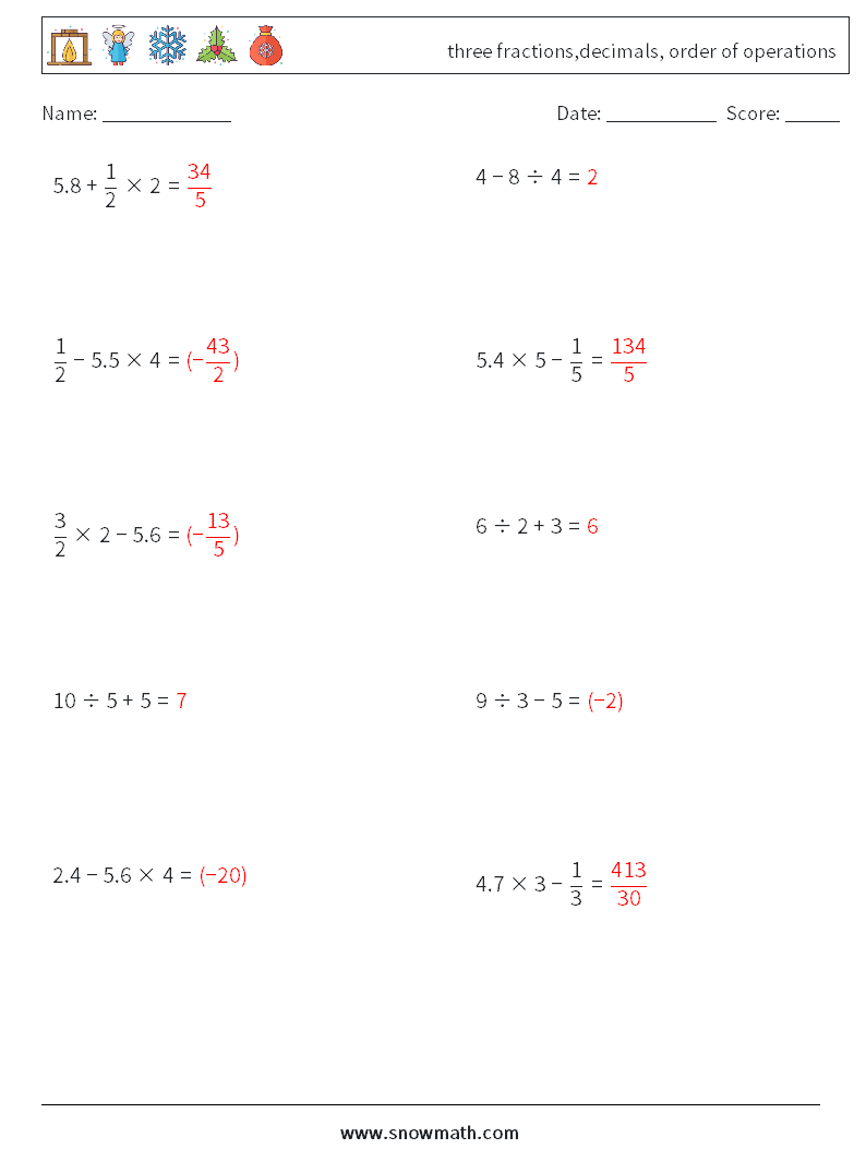 three fractions,decimals, order of operations Maths Worksheets 7 Question, Answer