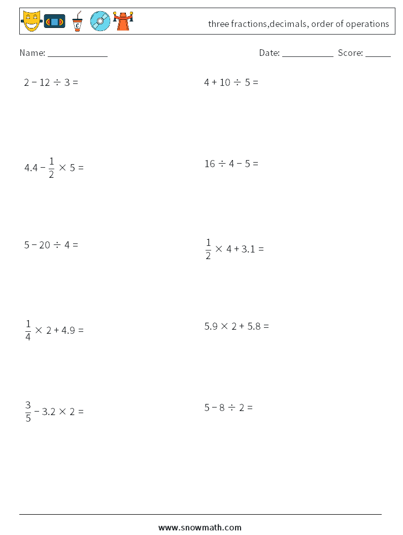 three fractions,decimals, order of operations Maths Worksheets 8