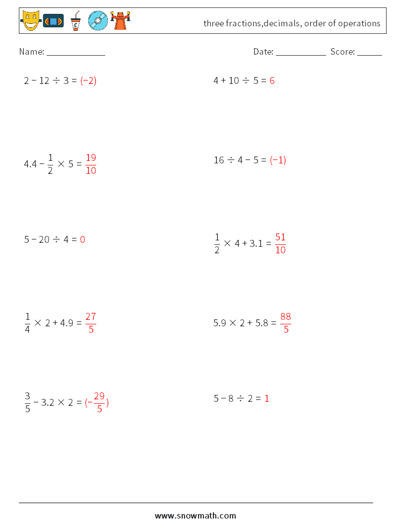 three fractions,decimals, order of operations Maths Worksheets 8 Question, Answer