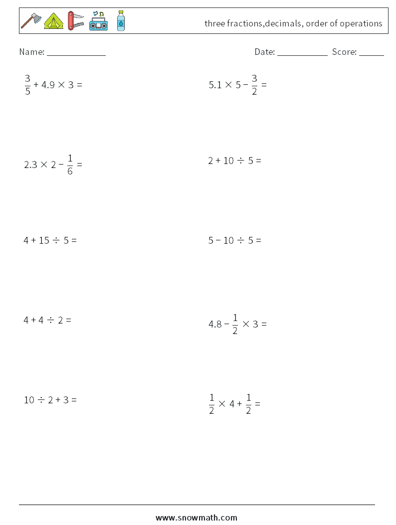 three fractions,decimals, order of operations Maths Worksheets 9