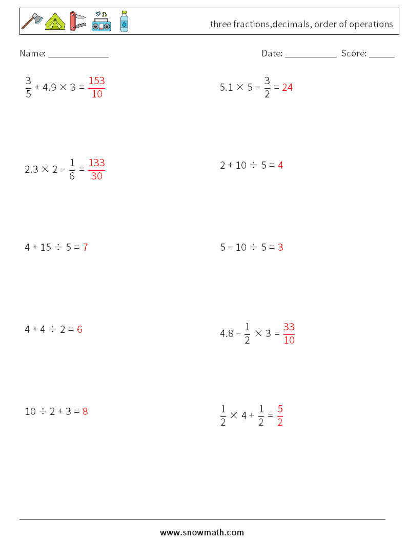 three fractions,decimals, order of operations Maths Worksheets 9 Question, Answer