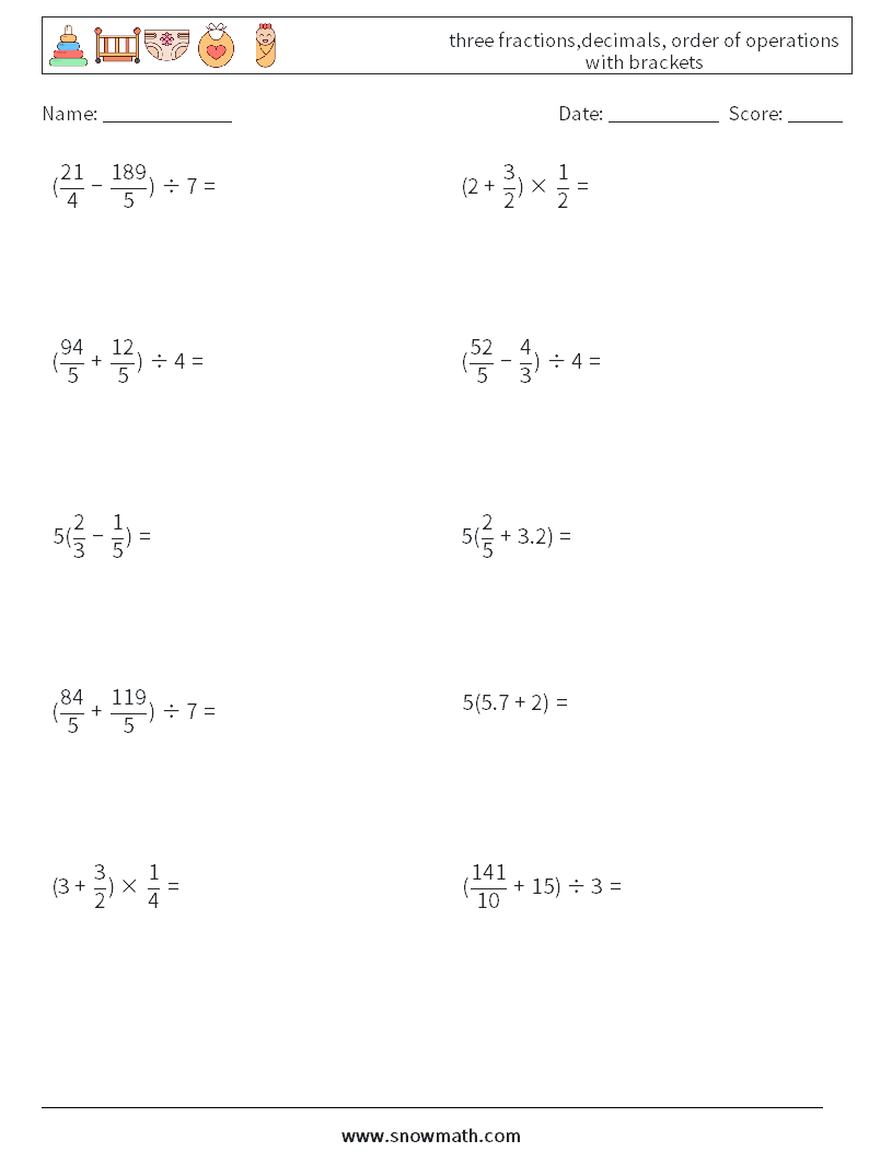 three fractions,decimals, order of operations with brackets Maths Worksheets 11