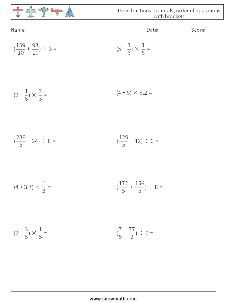 three fractions,decimals, order of operations with brackets Maths Worksheets 12