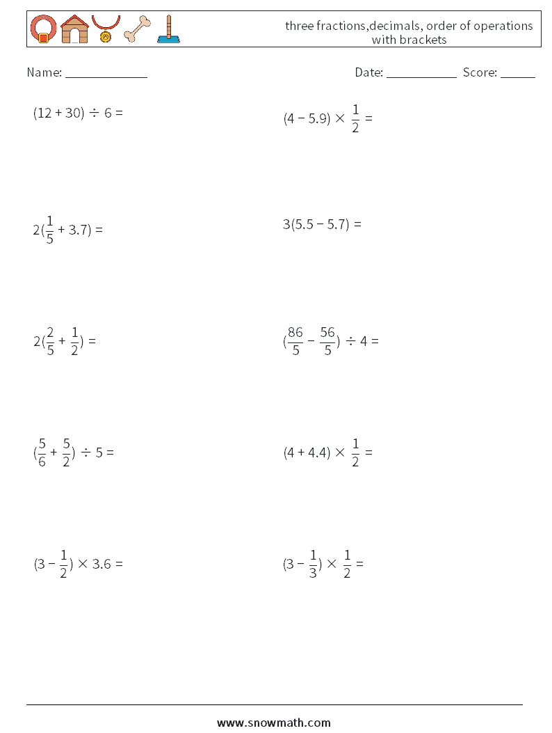 three fractions,decimals, order of operations with brackets Maths Worksheets 15