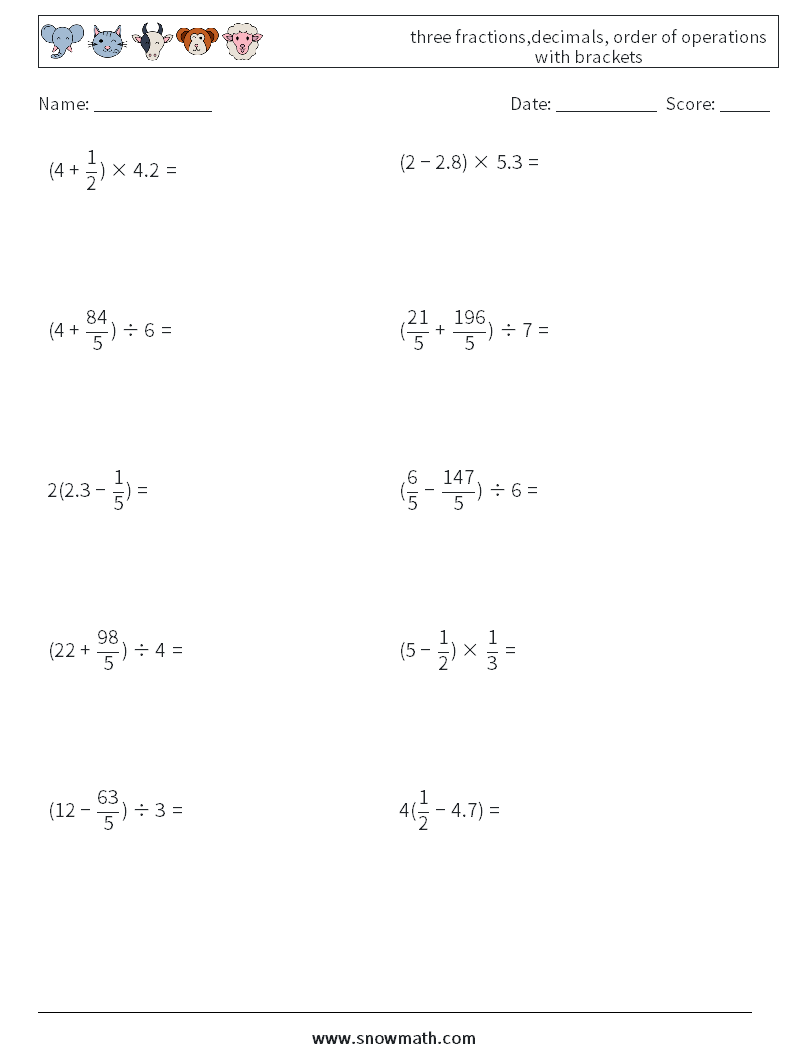 three fractions,decimals, order of operations with brackets Maths Worksheets 16