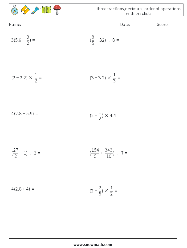 three fractions,decimals, order of operations with brackets Maths Worksheets 17