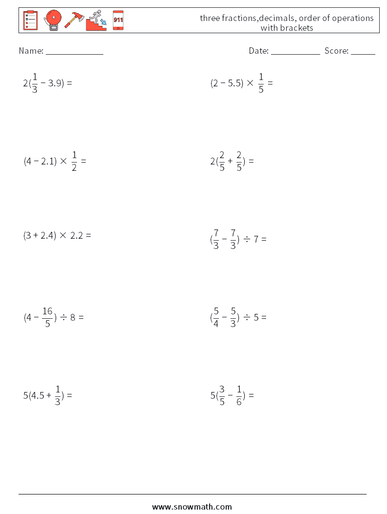 three fractions,decimals, order of operations with brackets Maths Worksheets 2