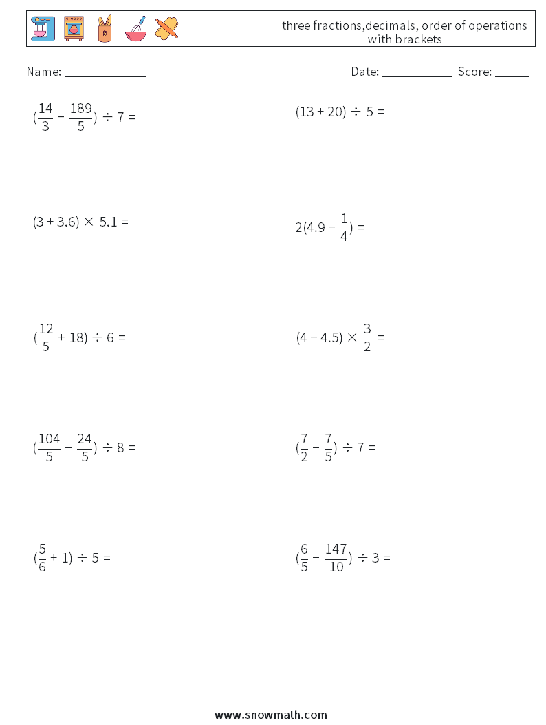 three fractions,decimals, order of operations with brackets Maths Worksheets 5