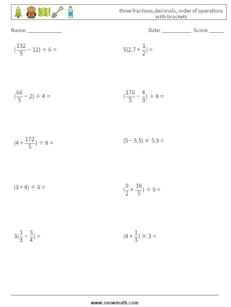 three fractions,decimals, order of operations with brackets Maths Worksheets 7