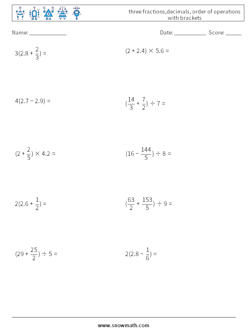 three fractions,decimals, order of operations with brackets Maths Worksheets 8