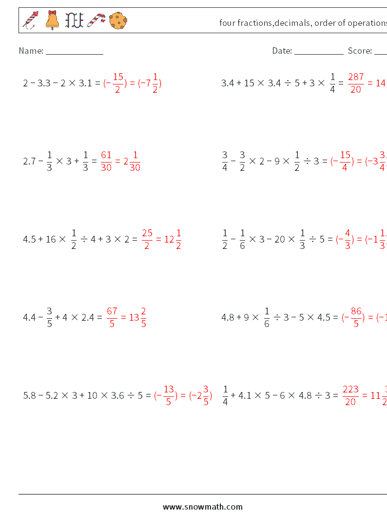 four fractions,decimals, order of operations Maths Worksheets 2 Question, Answer