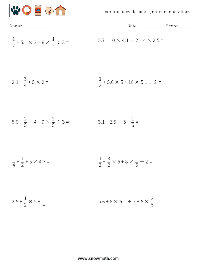four fractions,decimals, order of operations Maths Worksheets 4