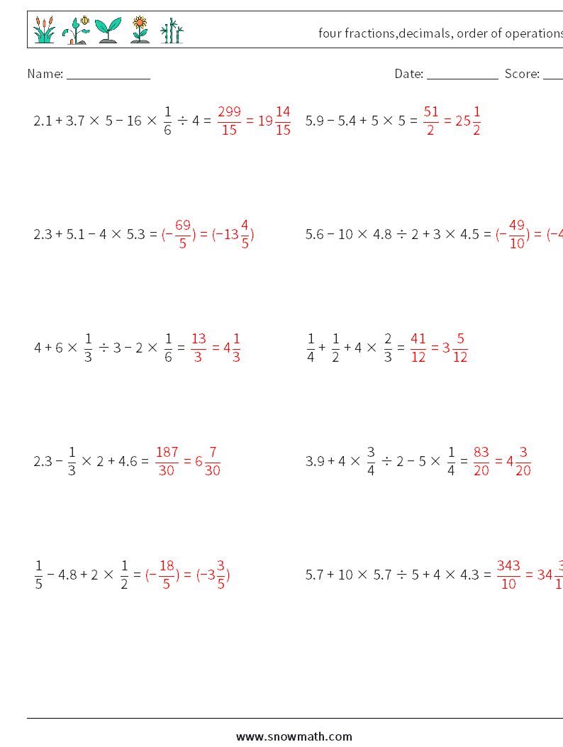 four fractions,decimals, order of operations Maths Worksheets 7 Question, Answer