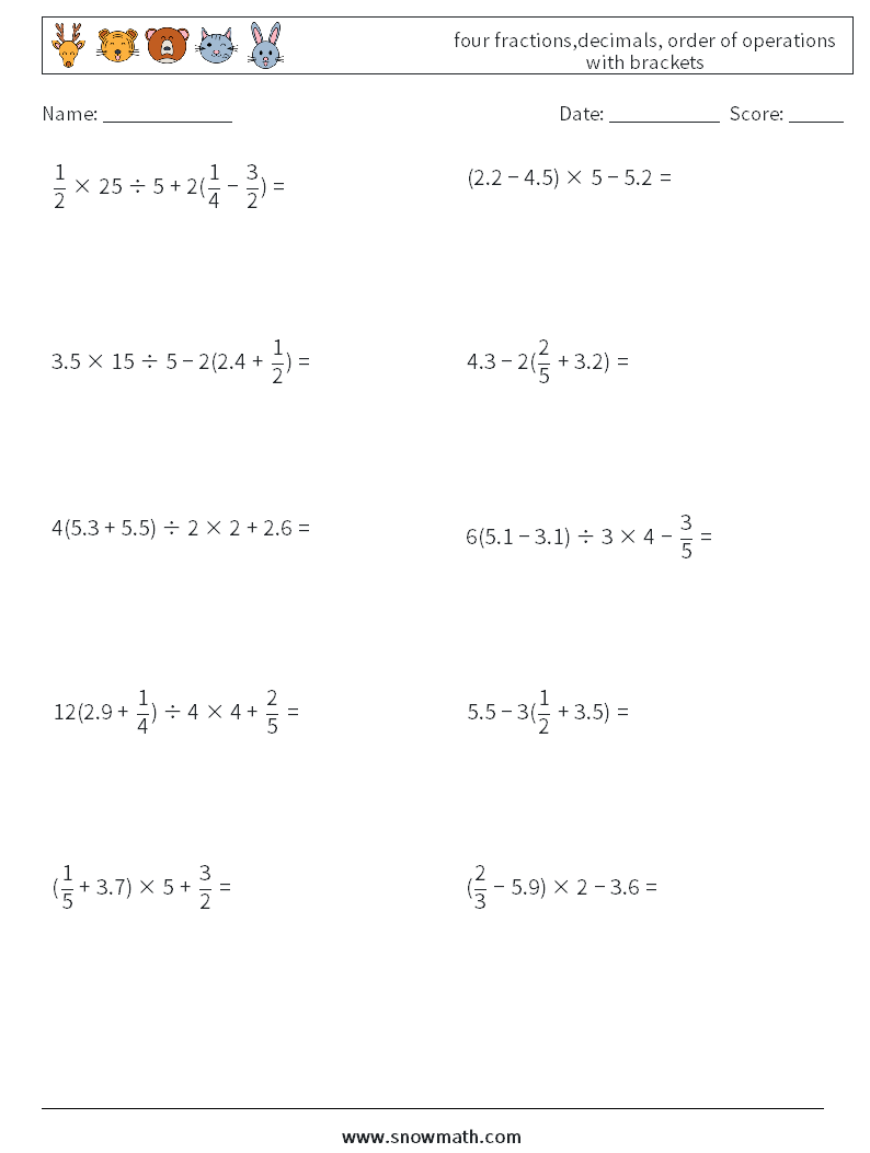 four fractions,decimals, order of operations with brackets Maths Worksheets 1