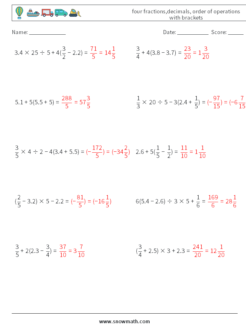four fractions,decimals, order of operations with brackets Maths Worksheets 10 Question, Answer