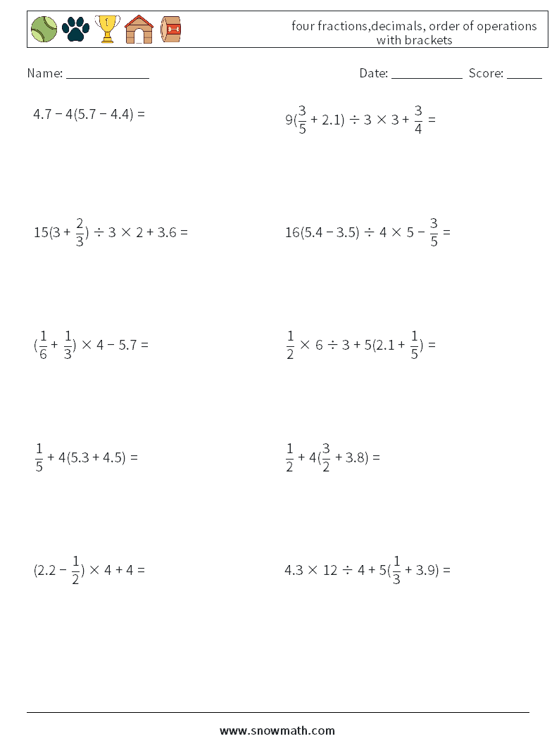 four fractions,decimals, order of operations with brackets Maths Worksheets 11