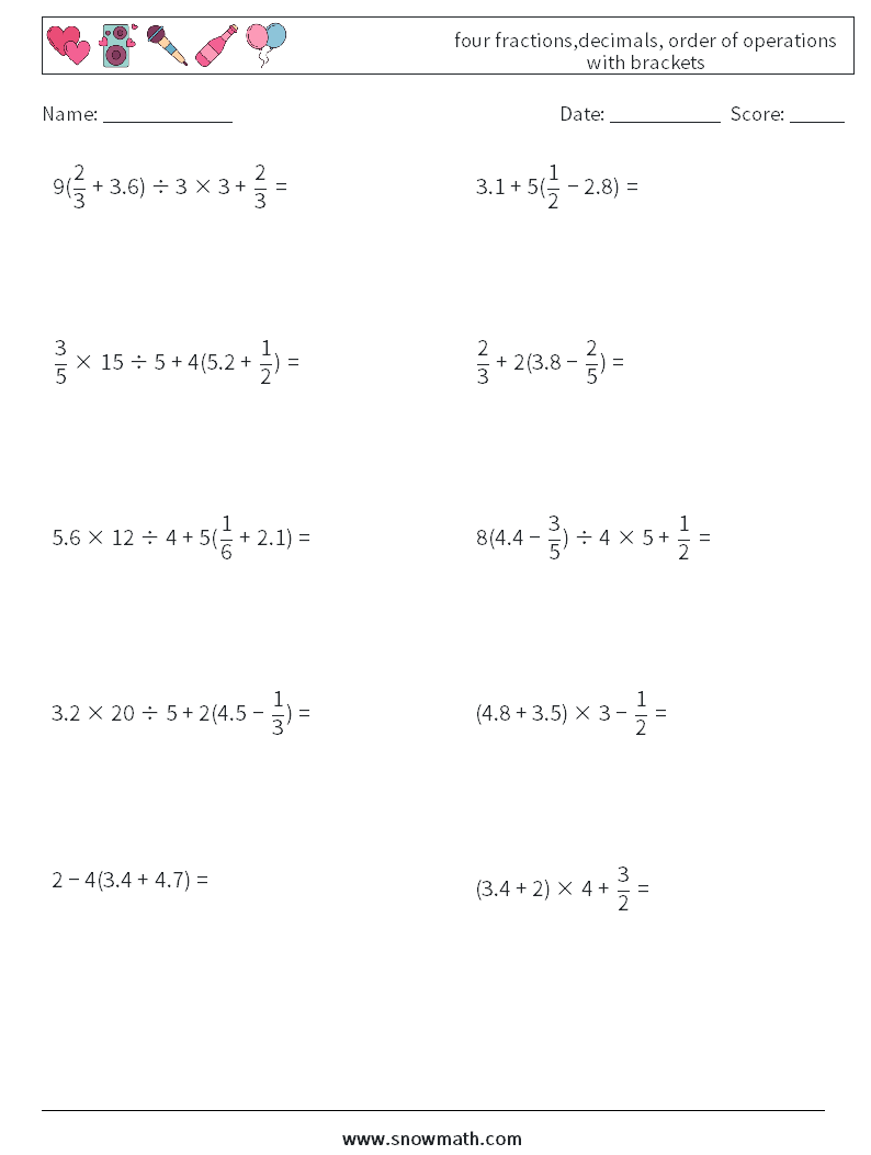 four fractions,decimals, order of operations with brackets Maths Worksheets 12