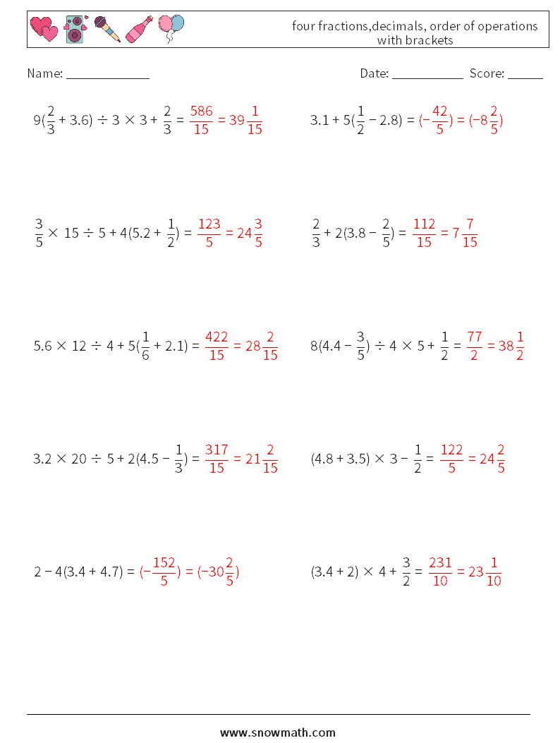 four fractions,decimals, order of operations with brackets Maths Worksheets 12 Question, Answer