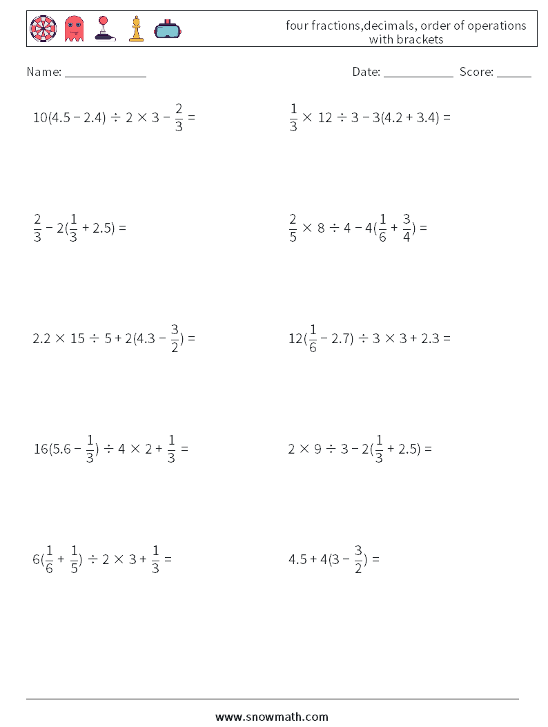 four fractions,decimals, order of operations with brackets Maths Worksheets 13