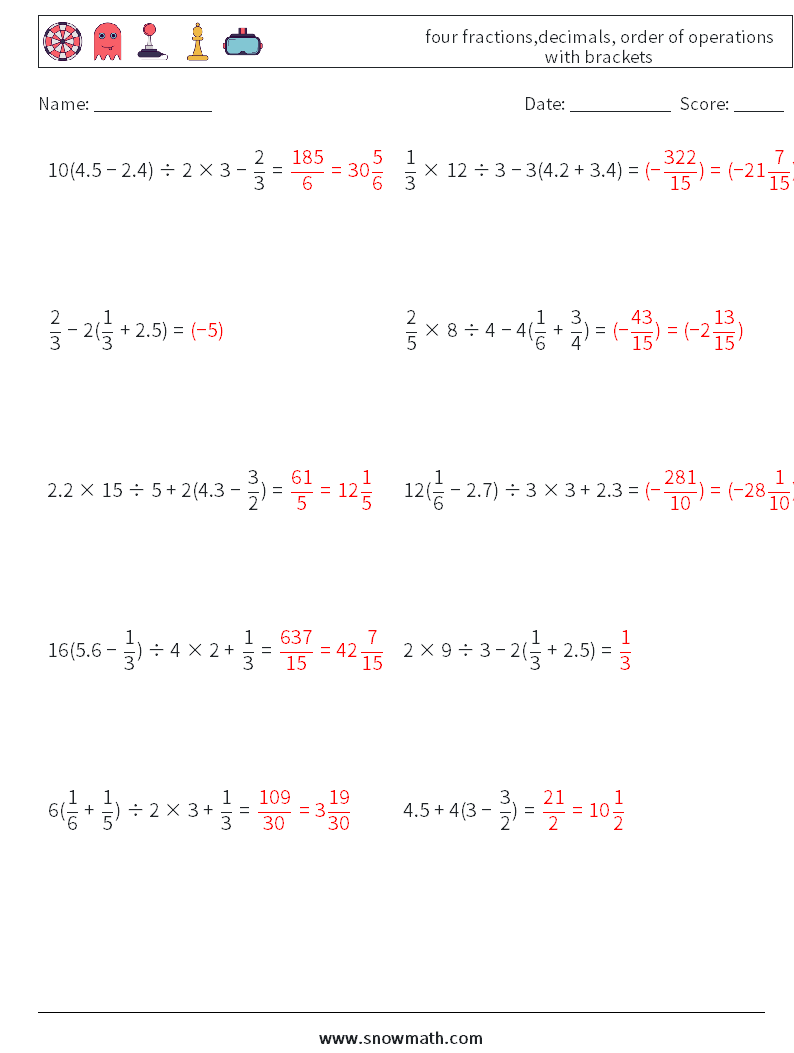 four fractions,decimals, order of operations with brackets Maths Worksheets 13 Question, Answer