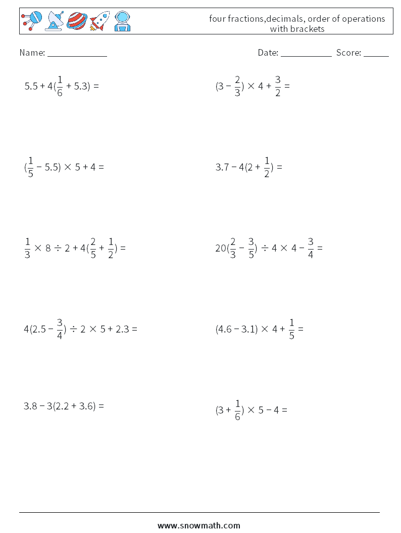 four fractions,decimals, order of operations with brackets Maths Worksheets 14